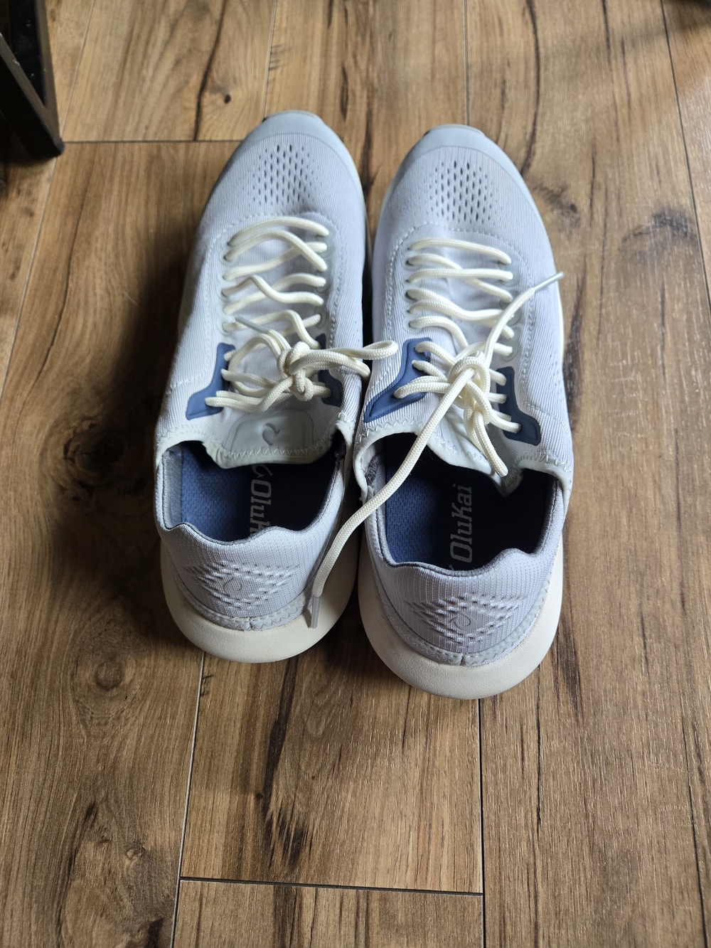 OluKai Men's Light Gray and Blue Knit Lace-Up Sneakers